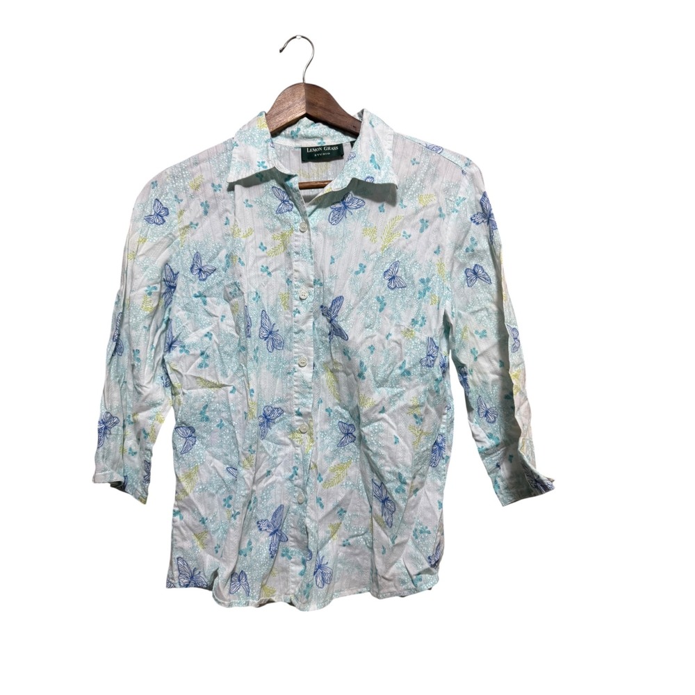 Lemon Grass Studio Button Up Women M White Blue Butterfly Excellent 3/4 Sleeve